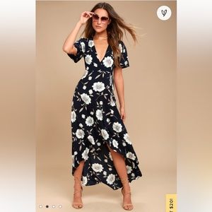 Lulus *sold out* lake como navy blue floral print high-low wrap dress